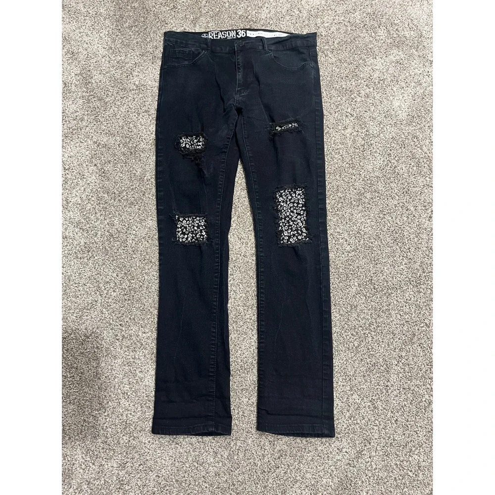 Reason 36 Supply Co Mens Black Distressed Floral Patch Slim Jeans 38 DE-45